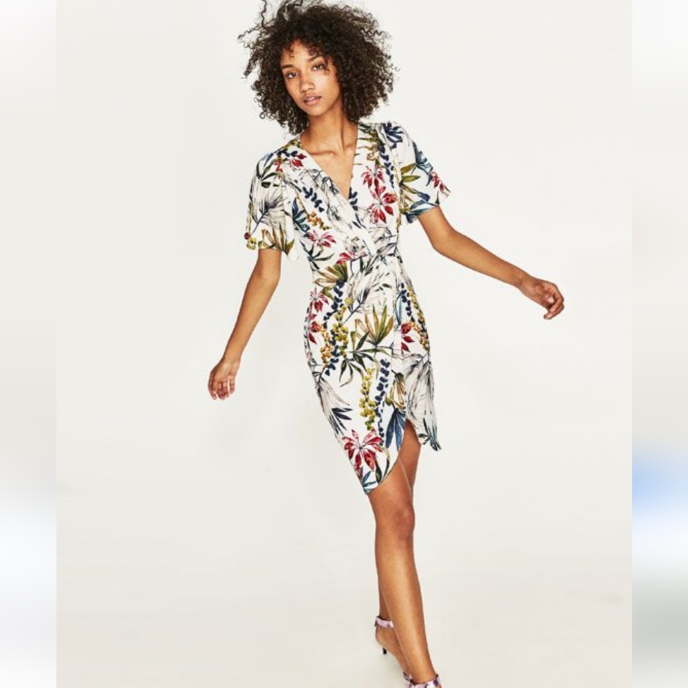 ZARA NWT Basic Collection Knot Satin Floral Dress Women's Size Small - Picture 2 of 13